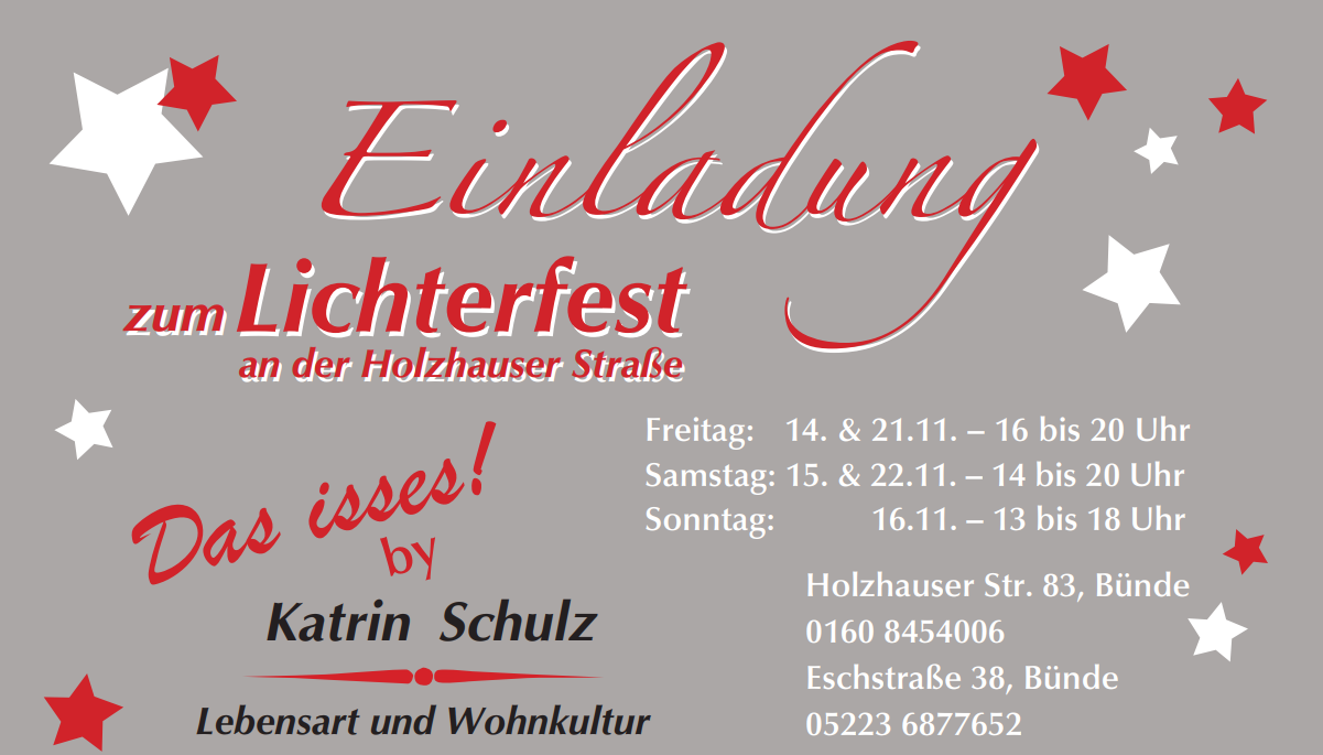 Einladung zum Lichterfest mit roten und weißen Sternen auf grauem Hintergrund